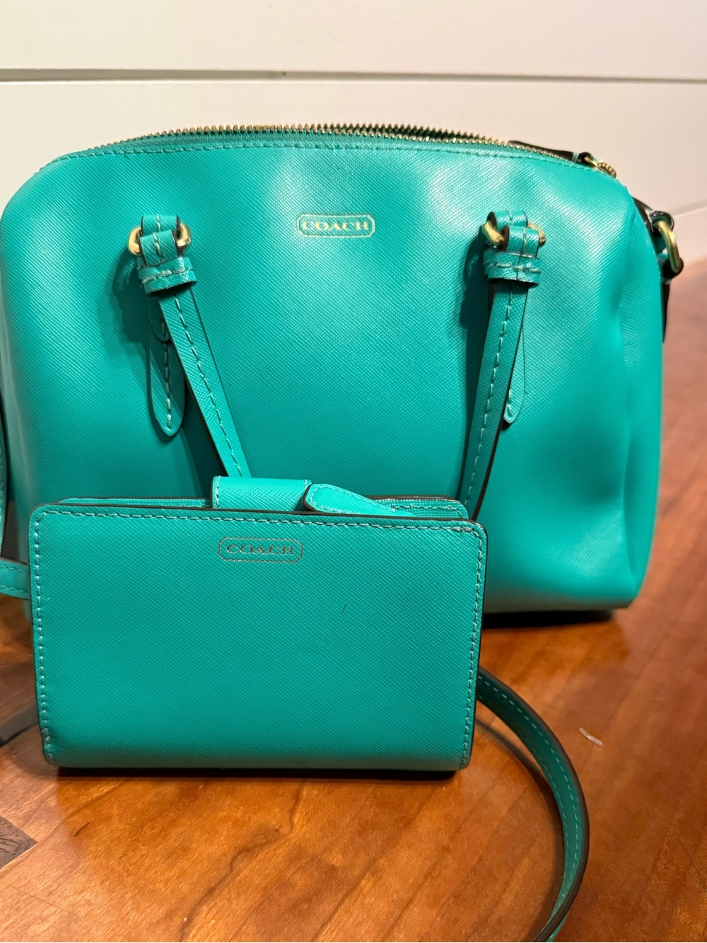 COACH Teal Leather Crossbody Bag with Matching Card Case Set